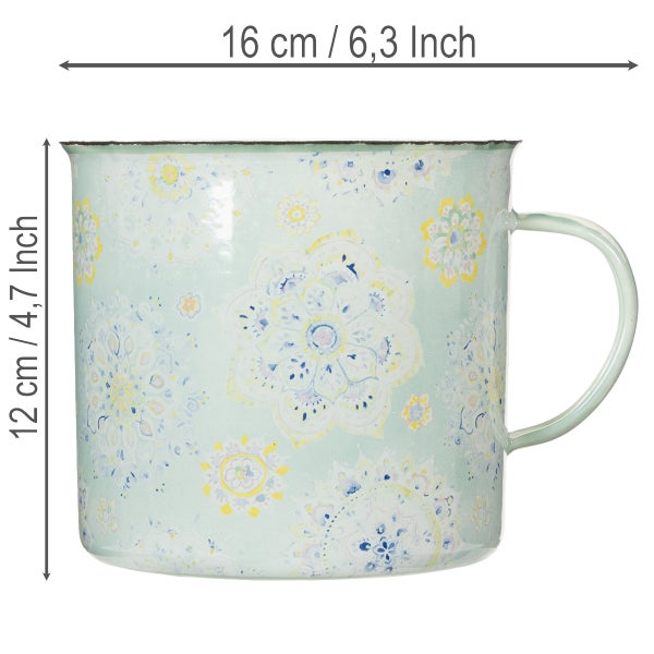Pflanztopf in Tassenform mit Mandalamuster, Breite inklusive Henkel 16 Zentimeter und Höhe 12 Zentimeter.