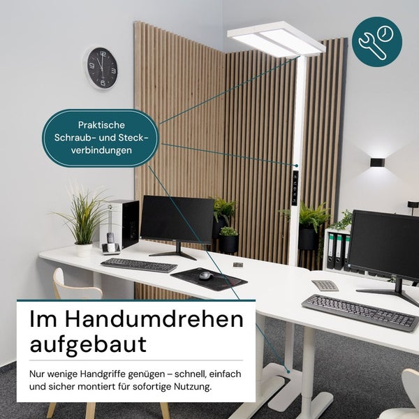 Büroarbeitsplatz mit Schreibtischen, Computern und Stehleuchte