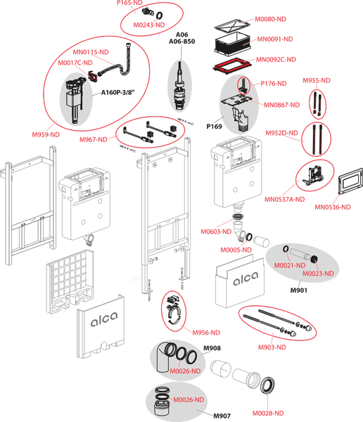 Explosionszeichnung eines WC-Vorwandelements mit verschiedenen Ersatzteilen und Artikelnummern für Unterputz-Spülkasten.