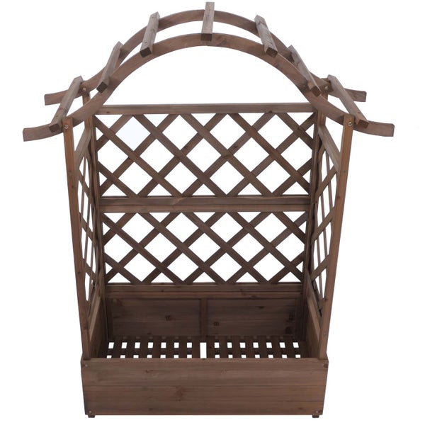 Rankhilfe aus Holz mit integriertem Pflanzkasten und bogenförmigem Dach für Kletterpflanzen.
