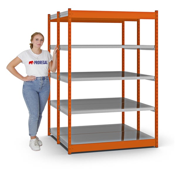 PROREGAL Fachbodenregal Stecksystem Vierkant-Profil Grundregal HxBxT 200 x 132,5 x 60 cm 2x5 Ebenen Doppelseitige Bauart Fachlast 200 kg Orange