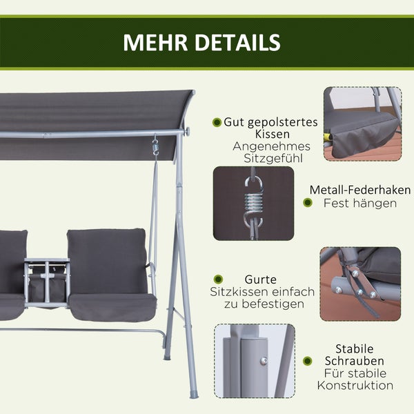 Outsunny Hollywoodschaukel, 2-Sitzer Gartenschaukel mit Sonnendach, 175 x 112 x 165 cm, Metall, Polyester, Oxford, Grau
