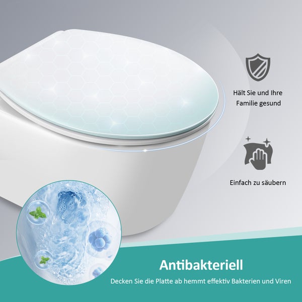 EMKE Toilettendeckel Oval mit Soft-Close-Funktion, WC-Sitze, Weiß, O Form, Schnellmontage, mit blauer Bedienleiste und Sitztragegriff, Tragfähigkeit max. 150kg, 447x363x51mm, für Bad