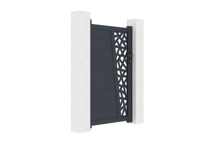 Modernes Gartentor aus Aluminium in Anthrazit mit geometrischem Dekor, Drückergarnitur und zwei Pfosten.