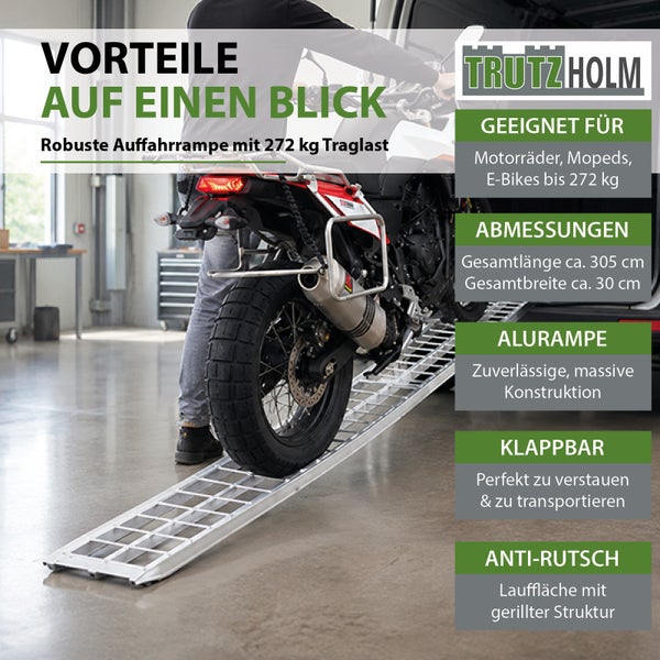 Trutzholm Aluminium Auffahrrampe klappbar mit 272 kg Traglast für Motorräder und E-Bikes. Länge 305 cm, Breite 30 cm mit rutschfester Struktur.