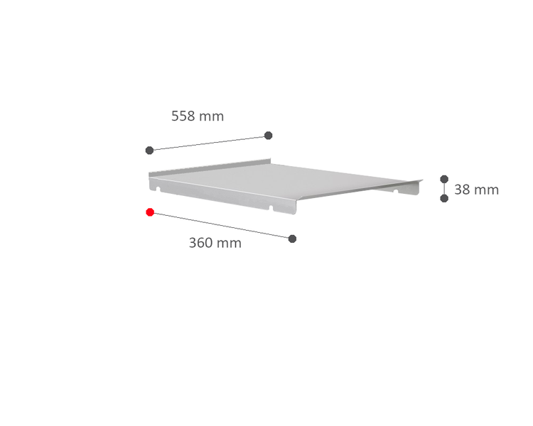 Grauer Metallfachboden mit Maßangaben: Länge 558 Millimeter, Breite 360 Millimeter, Höhe 38 Millimeter.