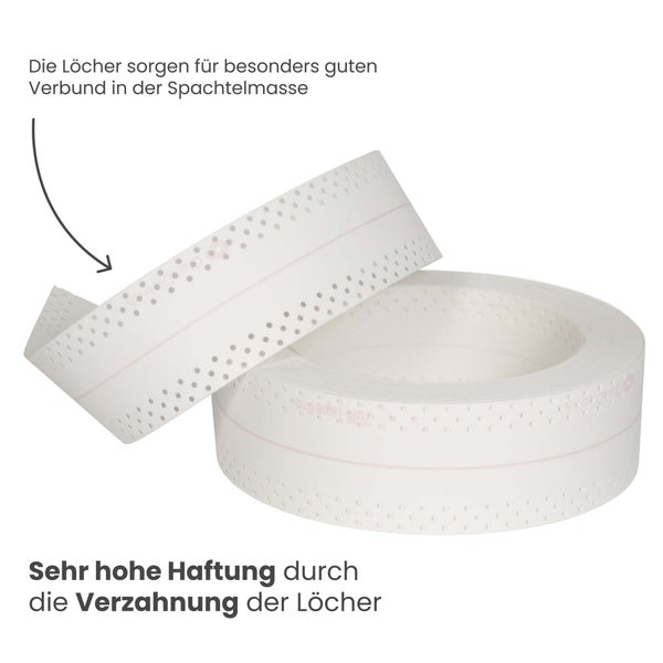 Perforiertes Fugendeckband auf Rolle mit Hinweisen zur verbesserten Haftung in der Spachtelmasse durch die Verzahnung der Löcher.