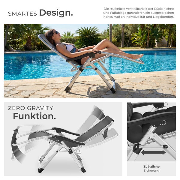 Person liegt auf einer verstellbaren Relaxliege am Pool und genießt das smarte Design.