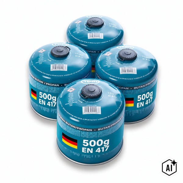 Vier Gaskartuschen mit Butan und Propan Gemisch, 500 Gramm, Norm EN 417.
