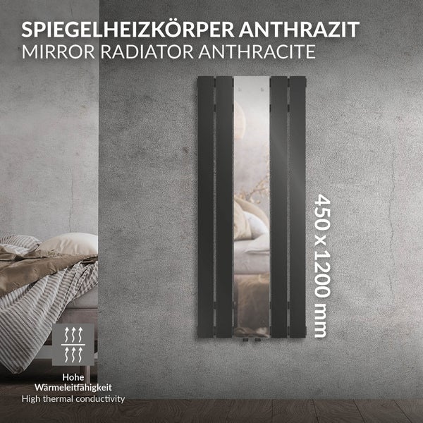 LuxeBath Badheizkörper mit Spiegel 1200x450 mm Anthrazit, Spiegelheizkörper Flach Glasheizkörper, Design Paneelheizkörper Mittelanschluss Heizung, Flachheizkörper Vertikal Einlagig, inkl. Montage-Set