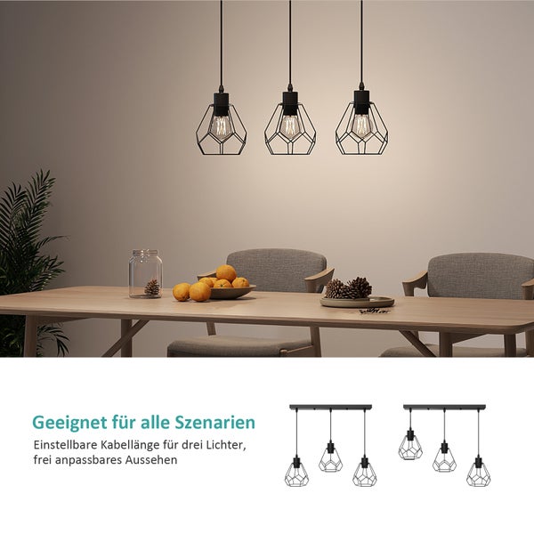 EMKE Retro Pendelleuchte - Industrial Hängelampe aus Metall mit geometrischem Design für E27, 3-flammig, Deckenlampe, höhenverstellbar (ohne Glühbirne)