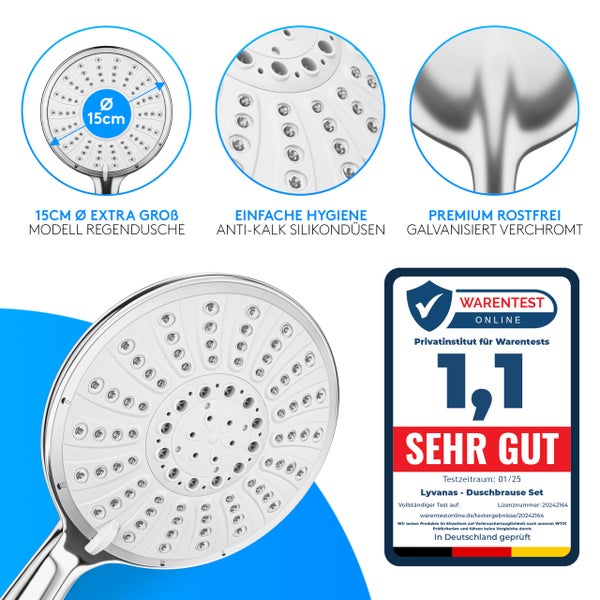 Lyvanas - TESTSIEGER - Duschkopf mit Schlauch und Halterung - Brausekopf für Dusche & Badewanne in extra gross (Ø15cm) - Wellness Regendusche mit 5 Strahlarten