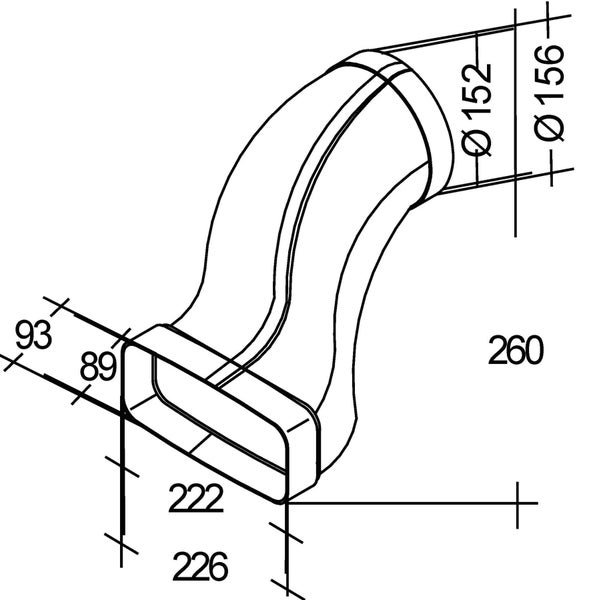 Technische Zeichnung eines Flachkanal Umlenkstücks mit den Maßangaben für eine Lüftungsinstallation.