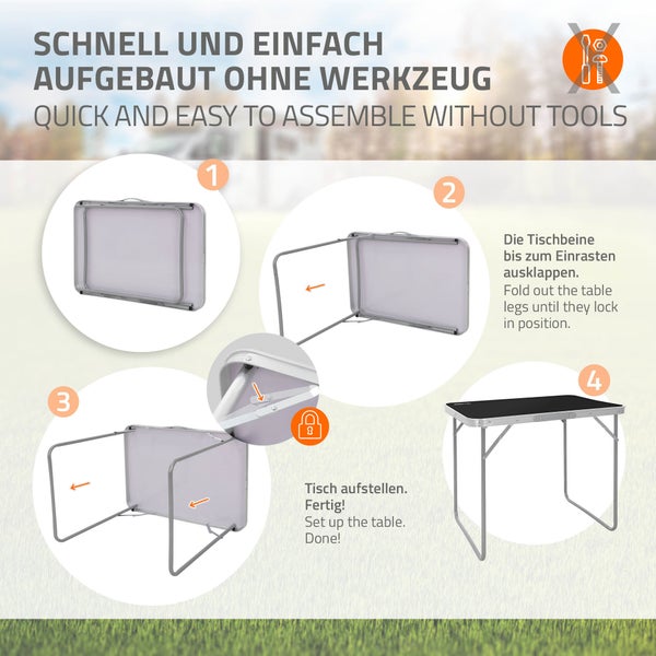ECD Germany Alu Campingtisch Klapptisch 70x50x60 cm, Schwarz, MDF-Platte, klappbar, tragbar, leicht, Falttisch für Picknick, Camping Koffertisch mit Griff, Gartentisch Reisetisch Balkontisch Esstisch