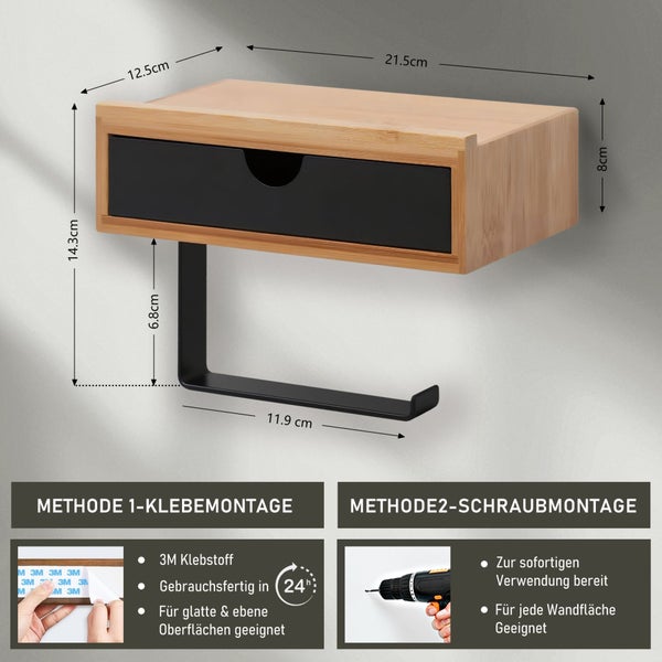 BERLINLODGE Toilettenpapierhalter mit Schublade | HxBxT 10x18,5x13cm | Bambus | Papier Halterung mit Ablage zum Kleben oder Schrauben