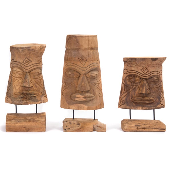 Skulptur Tiki Maske 40 cm, Massivholz geschnitzt, mit Sockel naturfarben