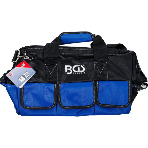BGS technic Werkzeugtasche aus Nylon in Blau und Schwarz mit Außentaschen, Tragegriff und Schultergurt.