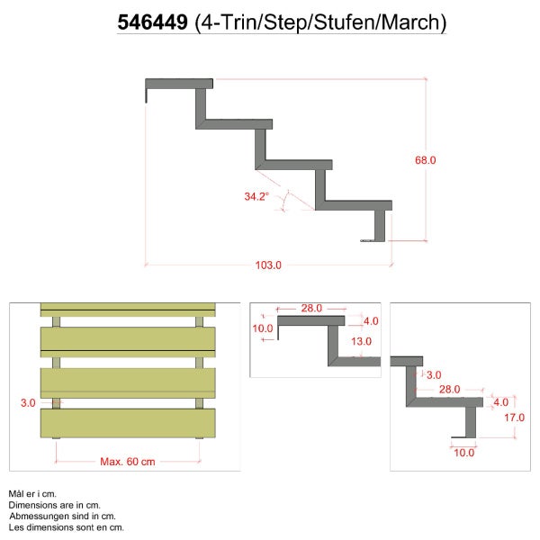 3er Set Stahl Treppenwange 4 Stufen - Option für Setzstufen-Höhe 68cm