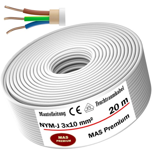 Weiße Mantelleitung NYM-J 3 mal 10 Quadratmillimeter, Feuchtraumkabel, 20 Meter Rolle, MAS Premium Logo.