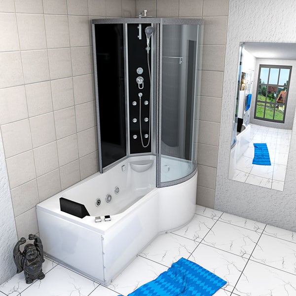 Dusch-Badewannen-Kombination mit Massagejets, Handbrause und gebogener Glasfront in einem hell gefliesten Badezimmer.