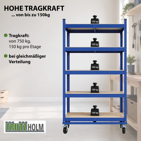 Trutzholm Schwerlastregal mit fuenf Boeden auf Rollen, Tragkraft bis zu 750 Kilogramm bei gleichmaessiger Verteilung