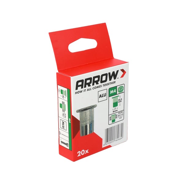 Arrow Blindnietmuttern M4 aus Aluminium, Packung mit 20 Stück.