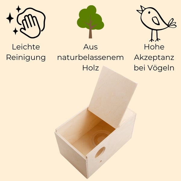 Offener Nistkasten aus Holz mit Reinigungs- und Akzeptanzhinweisen für Vögel