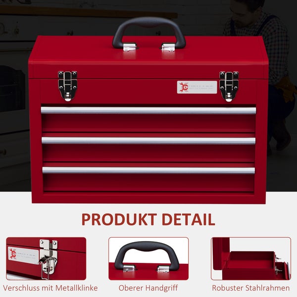 DURHAND Werkzeugkoffer leer, 51 x 22 x 32 cm Werkzeugkasten mit 3 Schubladen, oberes Staufach, Handgriff, Werkzeugkiste mit 2 Schloss, aus Stahl, Rot