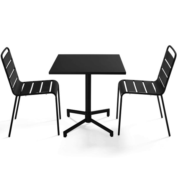 Bistroset aus Metall bestehend aus einem quadratischen Tisch und zwei Stühlen mit Lattenoptik in Schwarz.