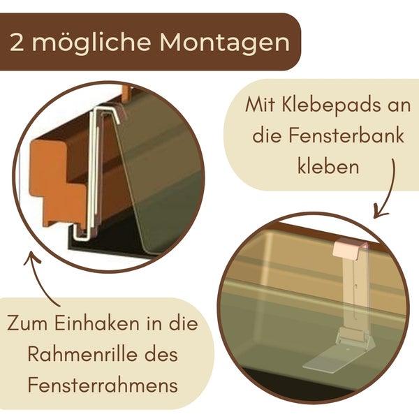 Zwei Montagemöglichkeiten für eine Fensterbank: Einhängen in die Rahmenrille des Fensterrahmens und Kleben mit Klebepads an die Fensterbank.