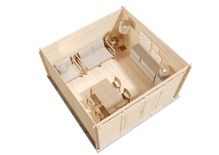 Modernes Gartenhaus aus Holz mit Pultdach, Doppeltür und Oberlichtern.