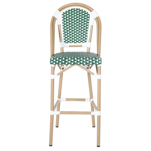 Bistro Barhocker mit geflochtener Sitzfläche und Rückenlehne in Grün und Weiß mit einem Gestell in Bambusoptik.