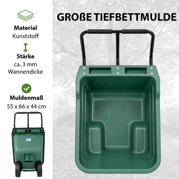 Große grüne Tiefbettmulde aus Kunststoff für Gartenwagen, circa 3 Millimeter Wandstärke, Maße 55 mal 66 mal 44 Zentimeter.