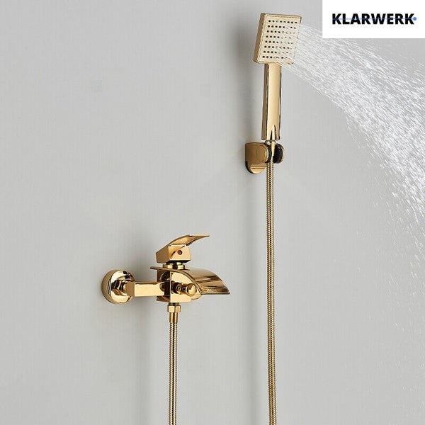 Klarwerk Armatur mit Handbrause in glänzendem Design für die Wandmontage inklusive Brauseschlauch und fließendem Wasser.