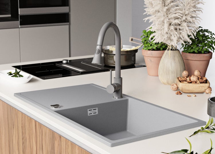 PRIMAGRAN Spülbecken Grau 90x50cm, Granitspüle 1 Becken + Ablauf-Set, Küchenspüle ab 60er Unterschrank - Ibiza