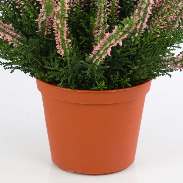 Künstlicher Blütenzweig mit weiß-violetten Blüten und grünen Blättern.