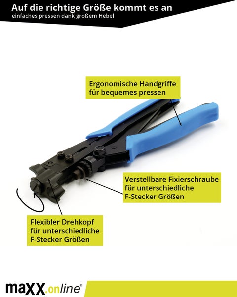 Kompressionszange für F-Stecker mit flexiblem Drehkopf für RG6, RG7, RG11, RG59 F-Kompressionsstecker, Koaxialkabel, Antennenkabel, Sat-Kabel