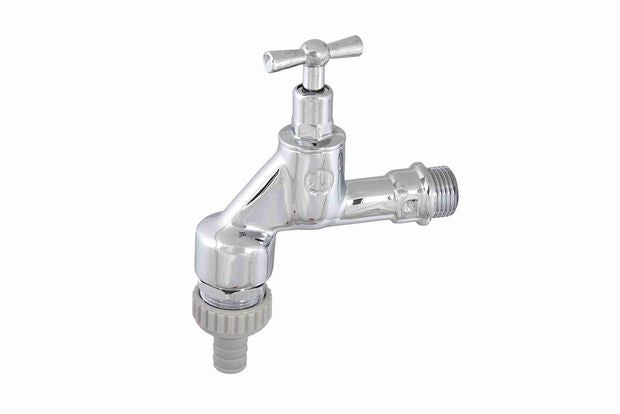 Auslaufventil verchromt mit Knebelgriff und Schlauchverschraubung.