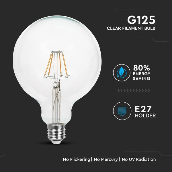 V-TAC VT-2147 - LED-Lampen - G125 Globe E27 - IP20 - Klar - 6 Watt - 806 Lumen - 6400K - 2 Jahre