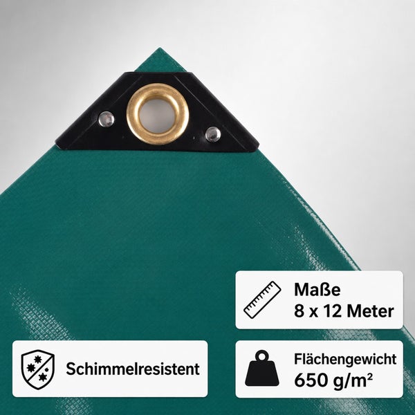 Abdeckplane in 8 mal 12 Meter mit Metallöse, Eckverstärkung und 650 Gramm pro Quadratmeter Flächengewicht, schimmelresistent.