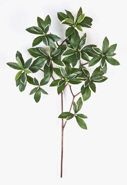 Künstlicher Zweig mit grünen Blättern und weißem Rand.