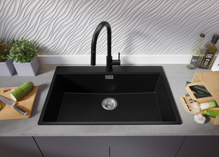 PRIMAGRAN Spülbecken Alles Schwarz 78x50cm, Granitspüle 1 Becken + Ablauf-Set + Aufrollbare Abtropffläche, Küchenspüle ab 80er Unterschrank - Oslo