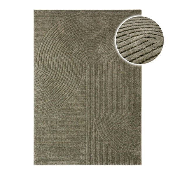 Rechteckiger Teppich in Taupe mit Reliefmuster aus geschwungenen Linien und Detailansicht der Oberflächenstruktur.
