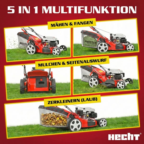 Hecht Benzin-Rasenmäher mit 5 in 1 Funktion für Mähen, Fangen, Mulchen, Seitenauswurf und Zerkleinern von Laub.