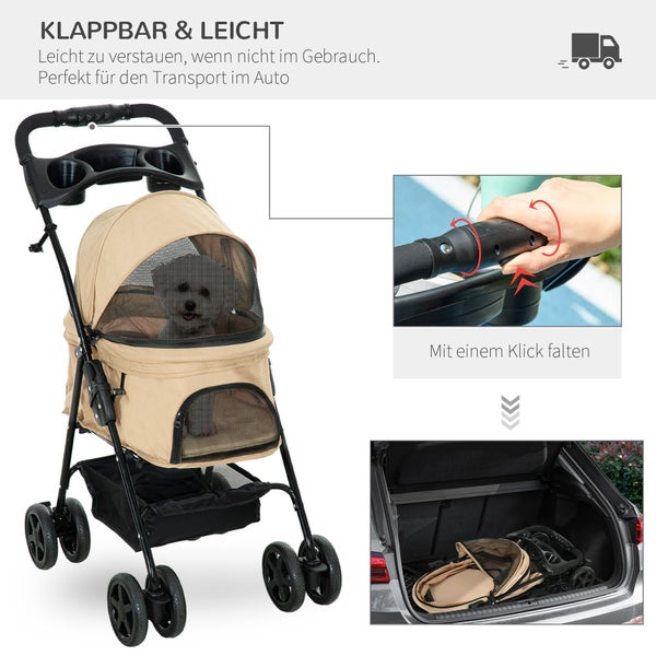 PawHut Hundewagen Hundebuggy mit Klappfunktion Pet Stroller für kleine Hunde und Katzen Haustierwagen Katzenbuggy Oxford Khaki 67 x 45 x 96 cm