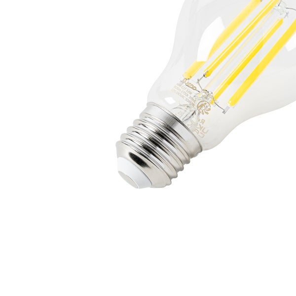 LED-Filament-Leuchtmittel mit E27-Sockel in Birnenform aus klarem Glas.