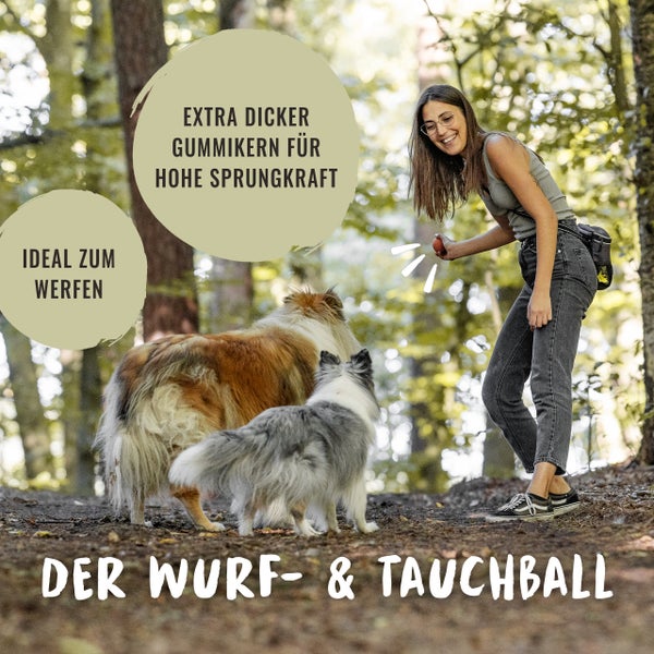 Frau wirft Ball für zwei Hunde im Wald. Der Ball hat einen extra dicken Gummikern für hohe Sprungkraft und ist ideal zum Werfen.