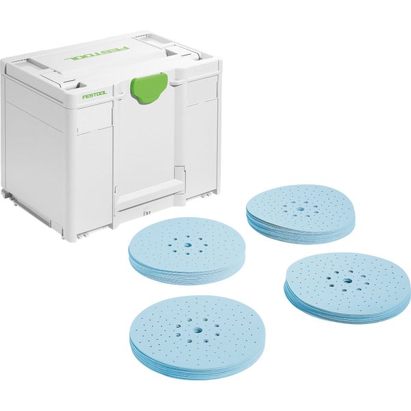 Festool Systainer mit vier Stapeln runder Schleifscheiben mit Multilochung.