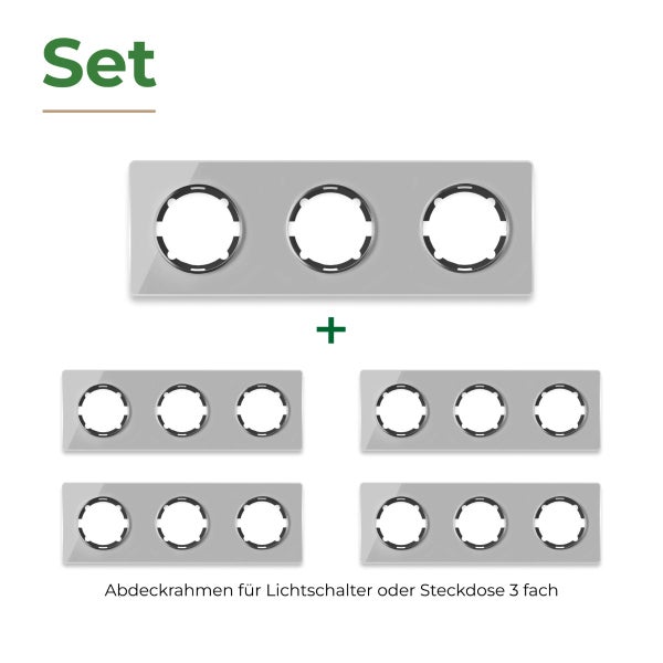 Set mit fünf dreifachen Abdeckrahmen für Lichtschalter oder Steckdosen aus Kunststoff.