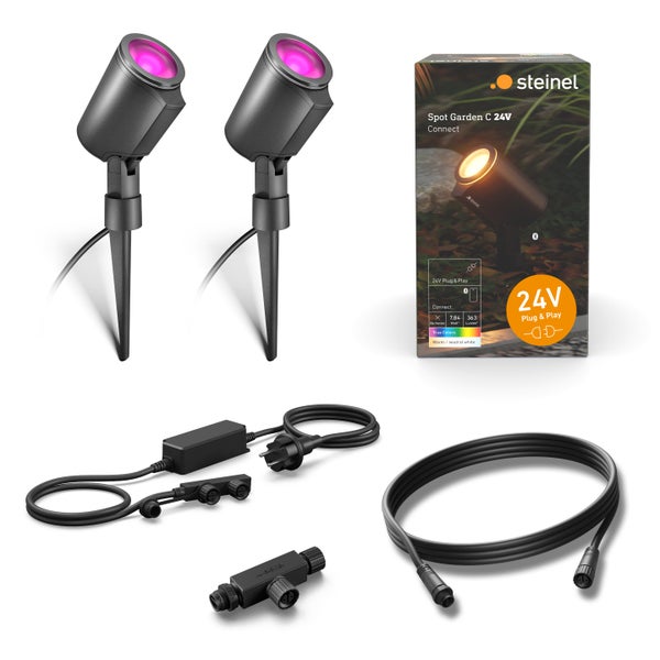 Steinel Spot Garden C 24V LED Gartenstrahler aus Aluminium, schwenkbar um 90 Grad, wetterfest IP65, Bluetooth-Vernetzung und Helligkeitssensor.